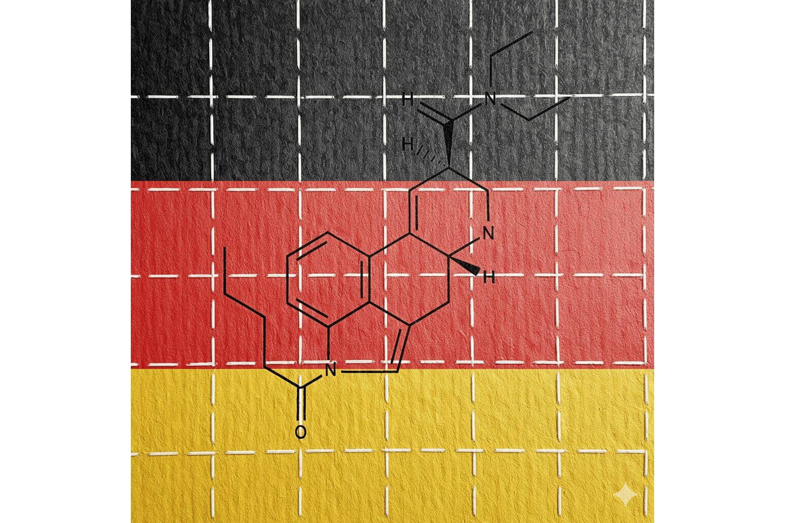 Chemische Struktur eines legalen LSD-Analogons (1S-LSD), das auf die deutsche Flagge gelegt wurde und seinen derzeit nicht gelisteten Status nach deutschem Recht symbolisiert.